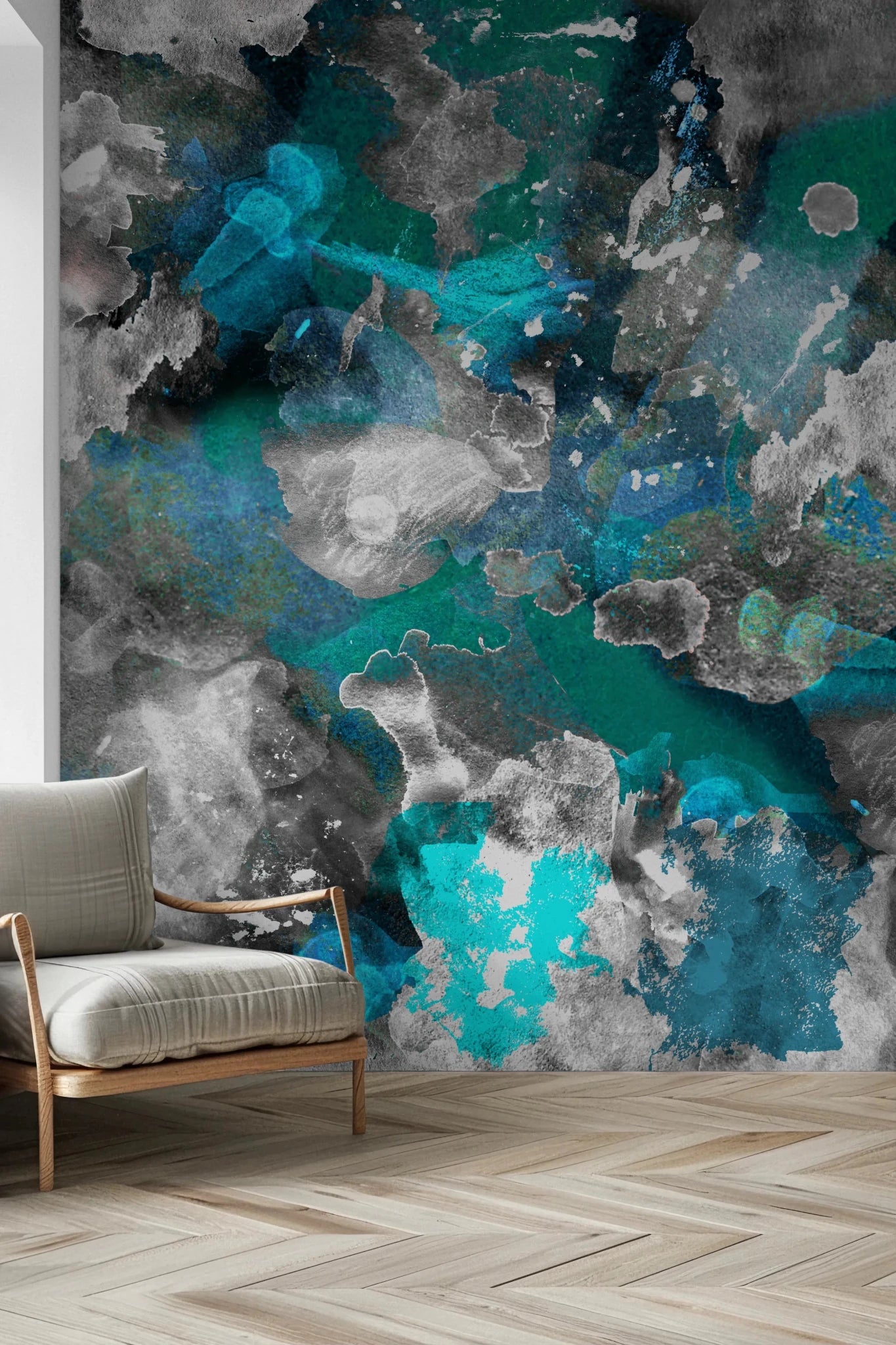 Elegant Aqua Mundi wall mural showcasing fluid liquid shapes