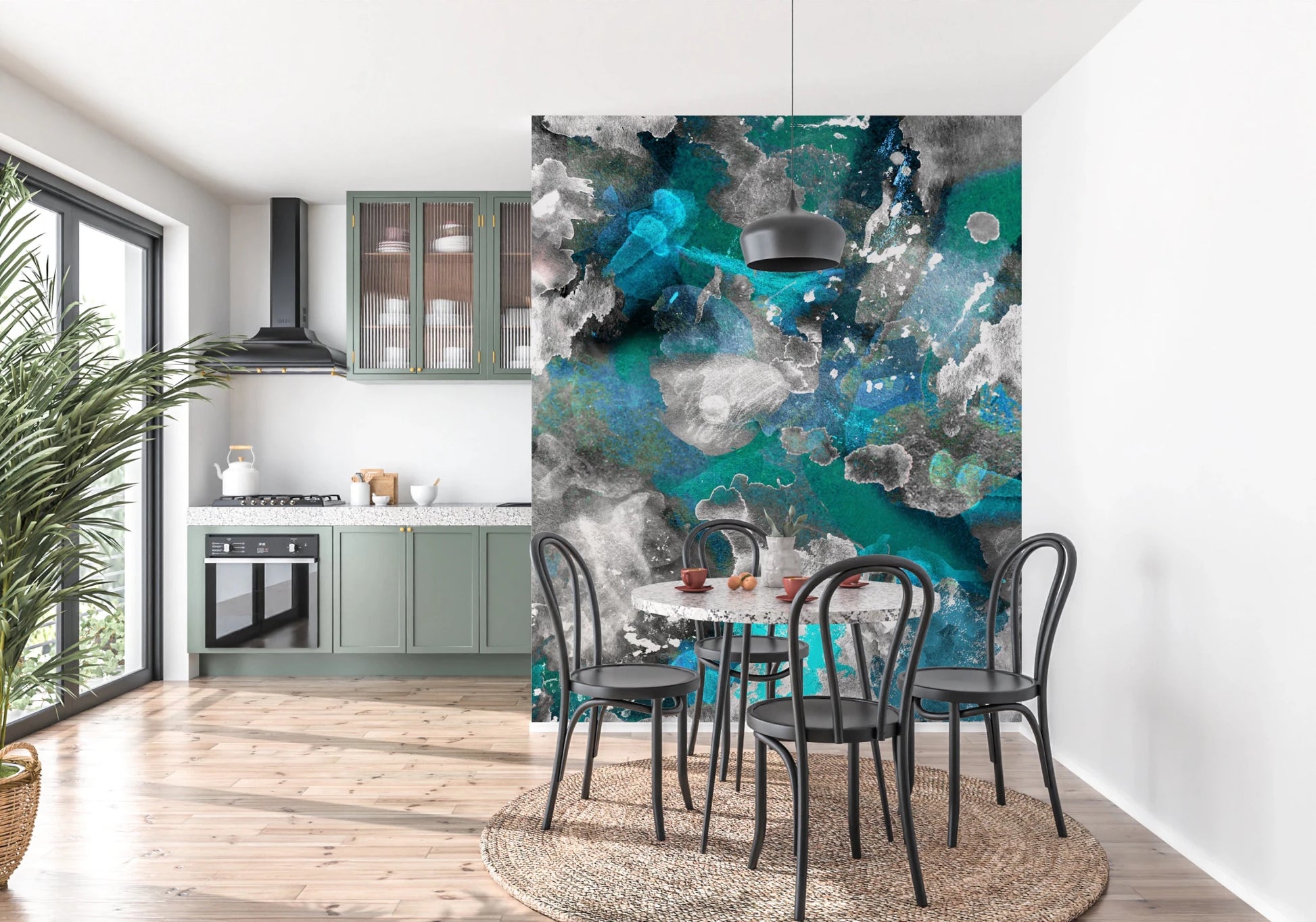 Large scale Aqua Mundi wall mural with deep navy color tones