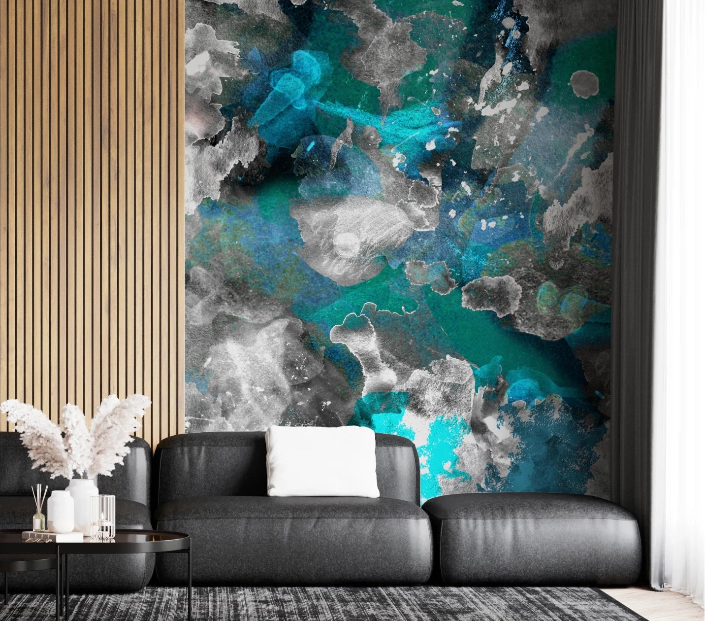 Custom sized Aqua Mundi wall mural for a modern living room aesthetic
