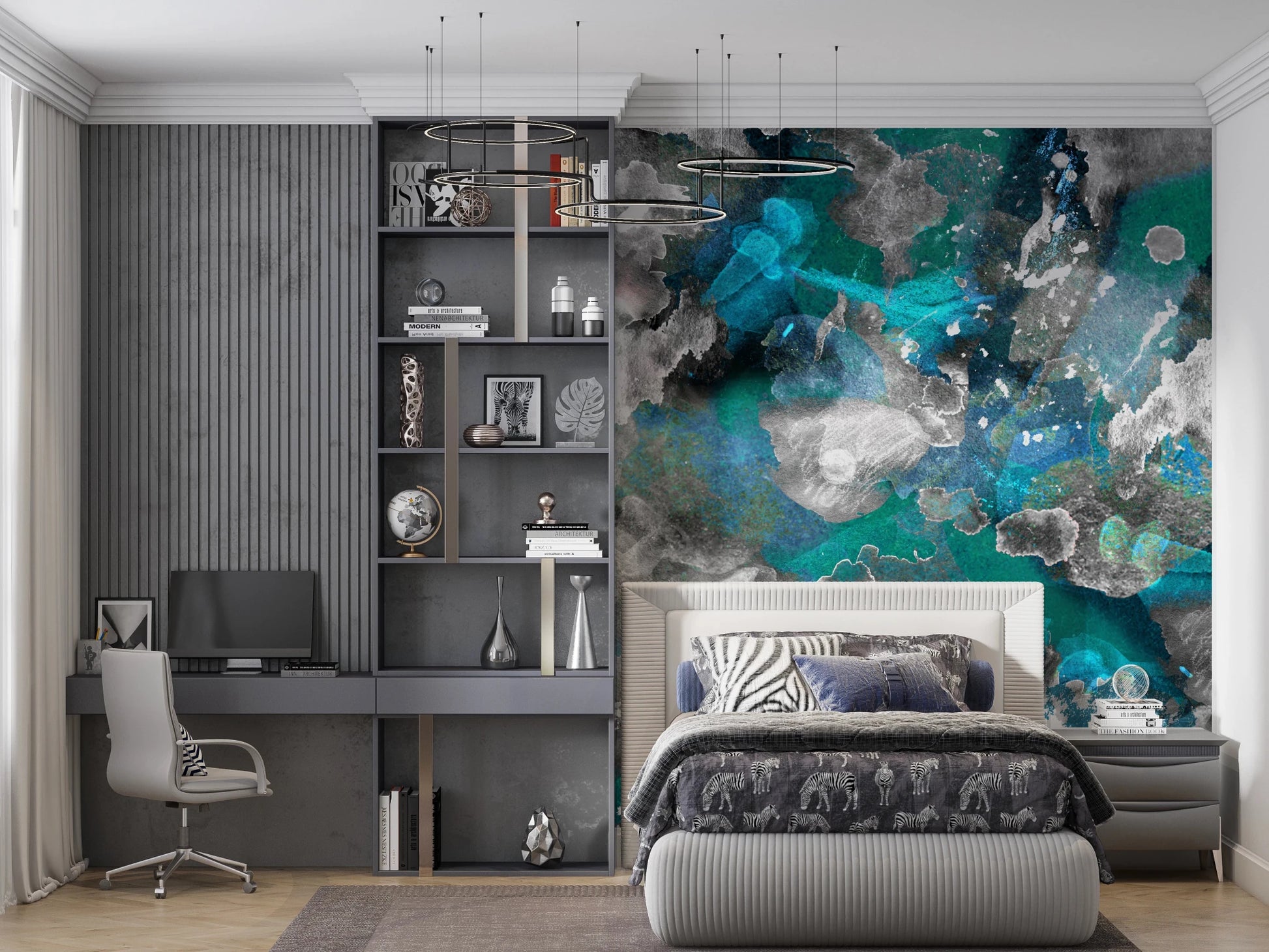 Seamless Aqua Mundi wall mural with intricate cyan marble effects for stylish bedroom.