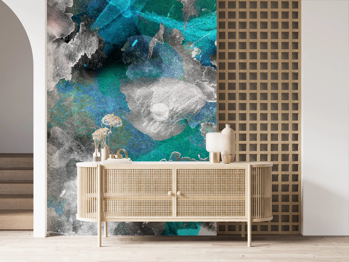 Premium Aqua Mundi wall mural with layered azure blue accents
