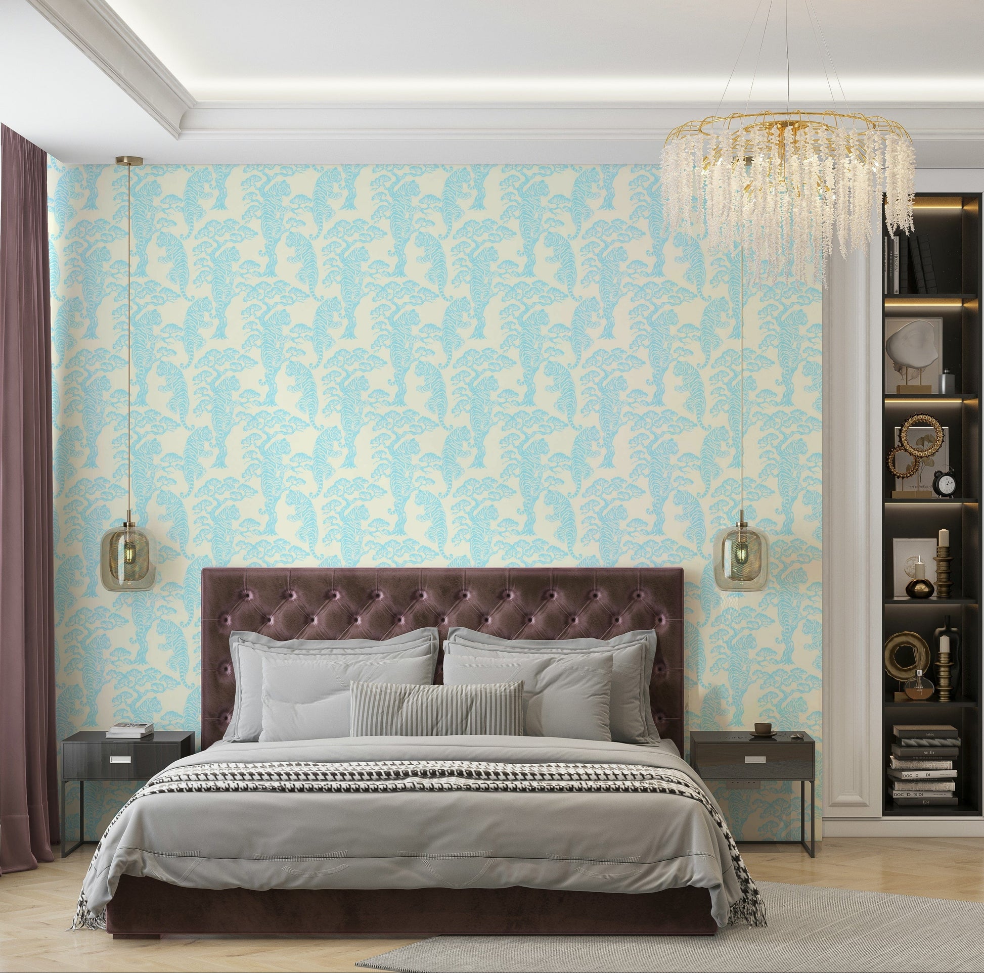 A peaceful tropical jungle mural on decorative wallpaper.

