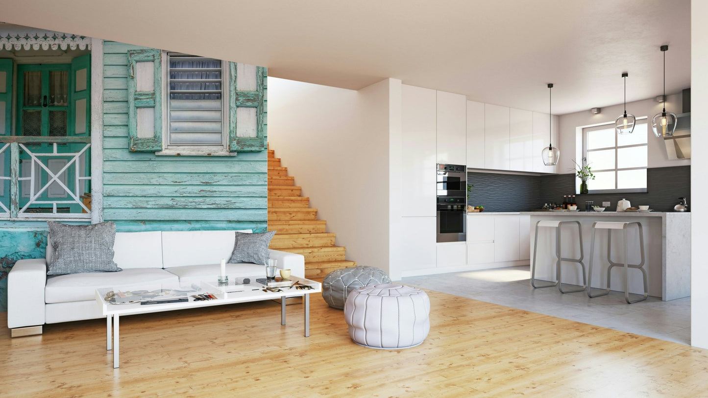 Weathered turquoise wooden house wallpaper design.

