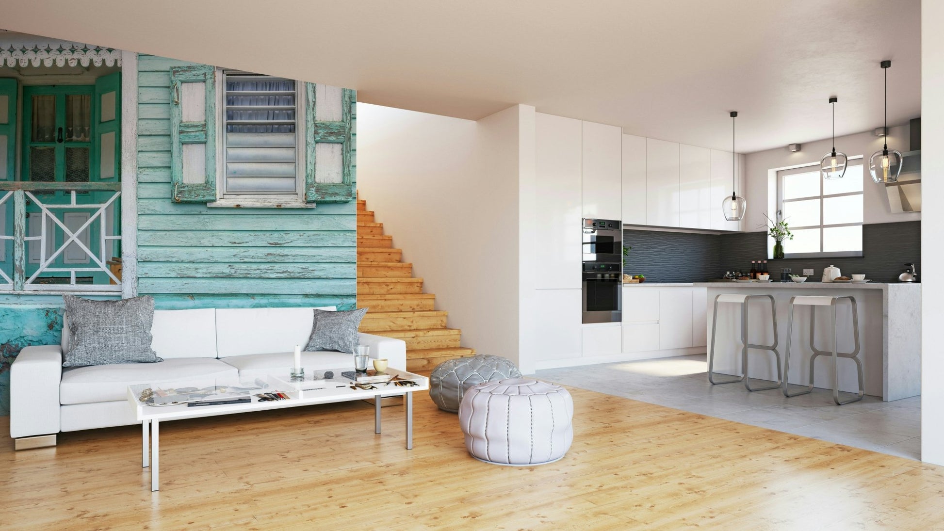 Weathered turquoise wooden house wallpaper design.

