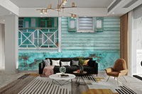 Close-up of faded painted wood wall in mural.

