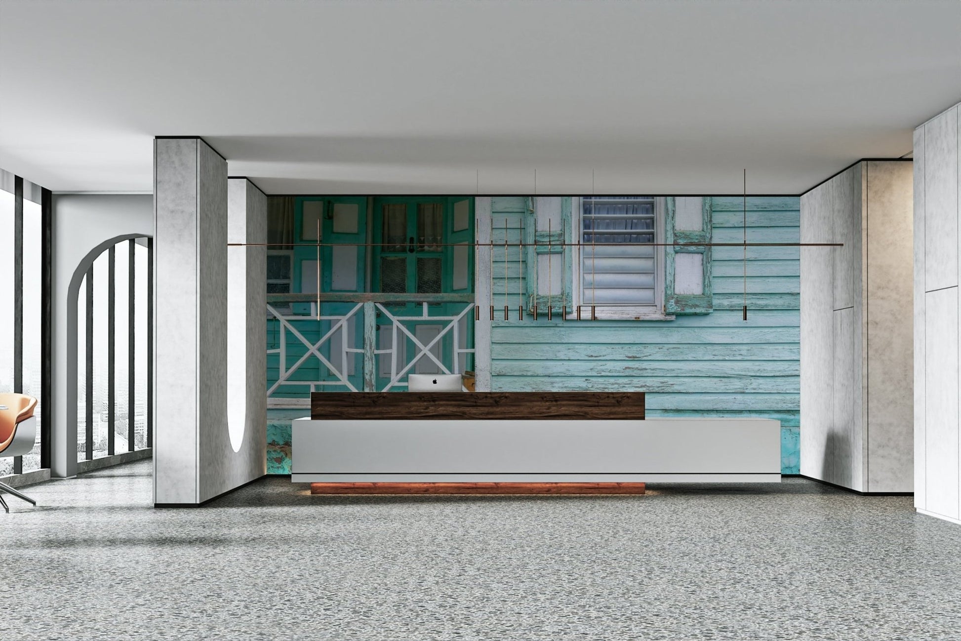 Wallpaper mural showing rustic aqua wooden exterior.

