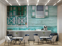 Retro-style mural with old shutters and porch railings.

