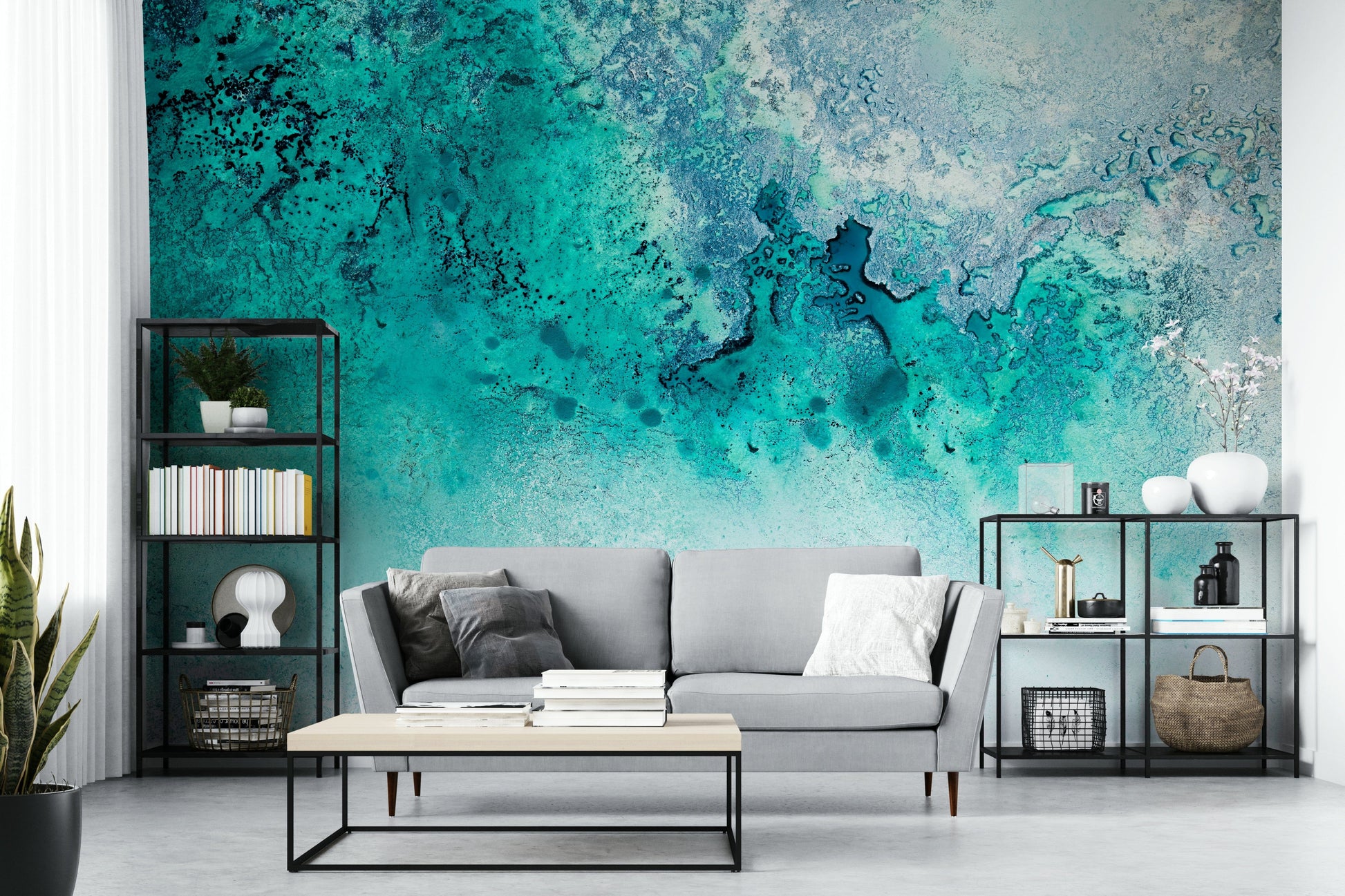 A graceful subtle wave wall mural in cool, natural tones.

