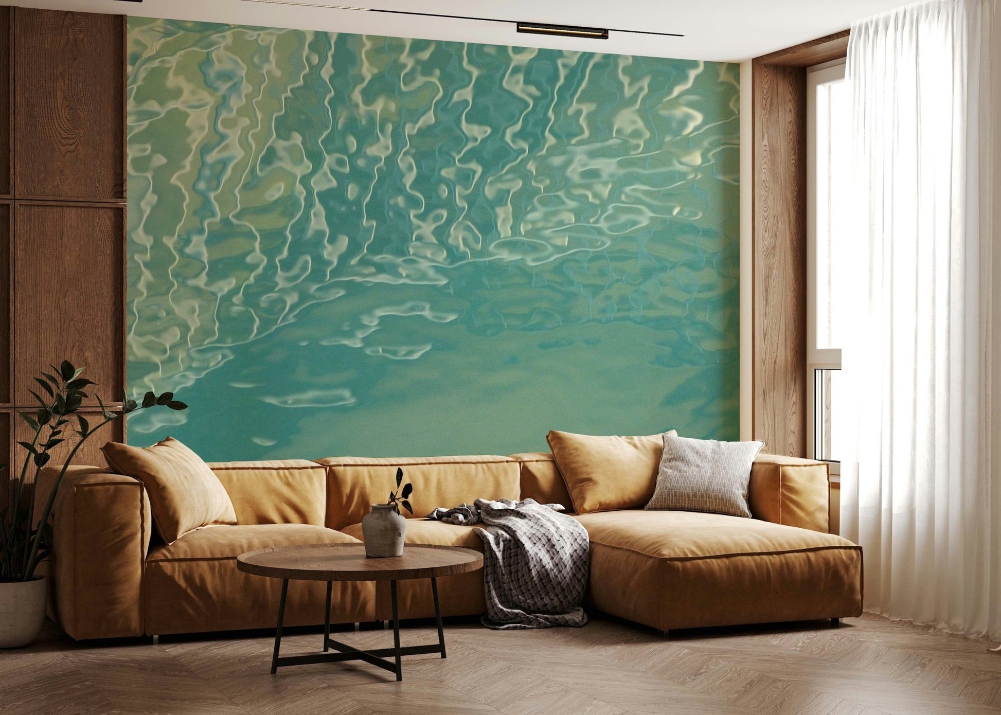 Aqua Waves abstract wall mural with flowing water lines
