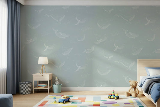 Minimalist whale art on white background for wall accents.