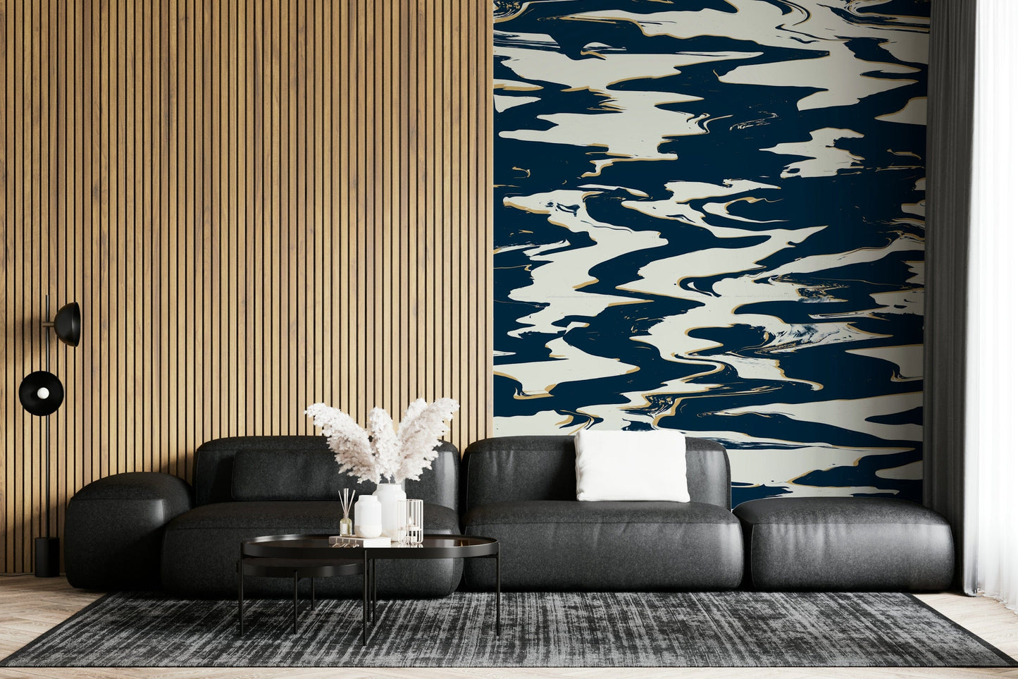 A calming modern abstract wallpaper mural that defines a space.


