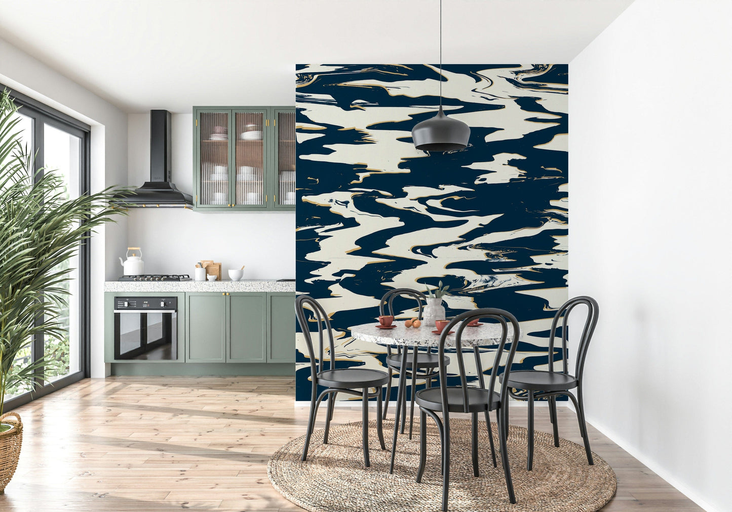 An artistic watercolor blend mural on minimalist wallpaper.

