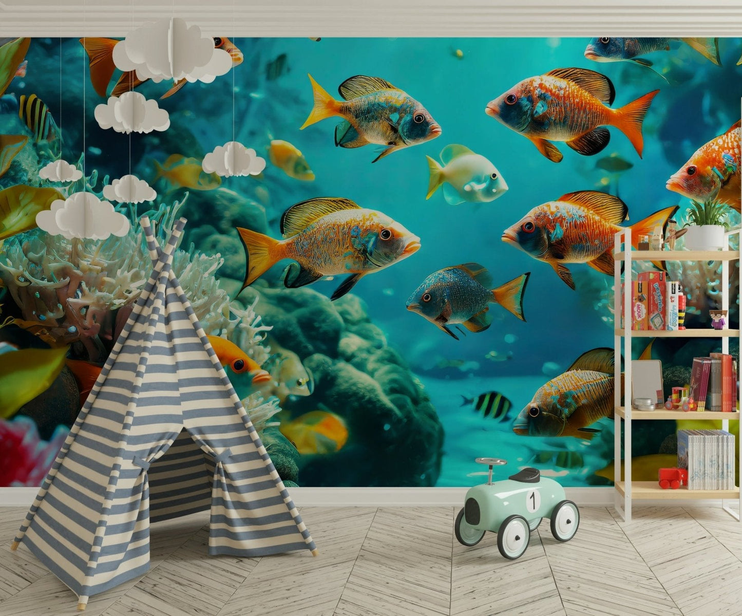 Turquoise water background with vibrant marine life mural

