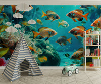 Turquoise water background with vibrant marine life mural

