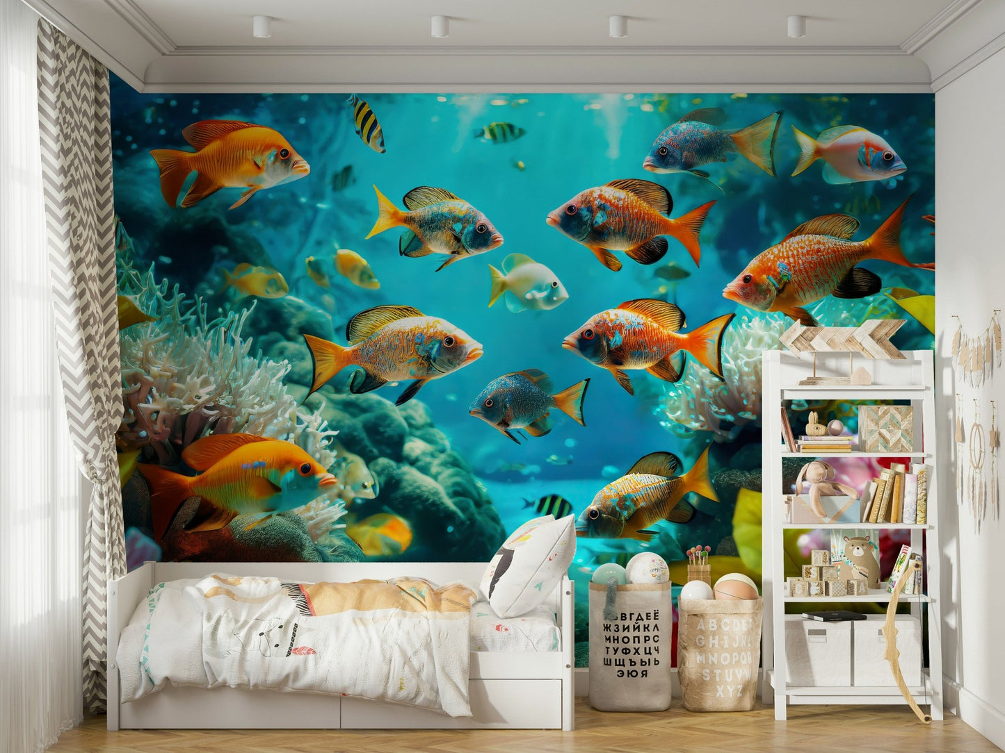 Coral reef wallpaper for walls featuring sea creatures

