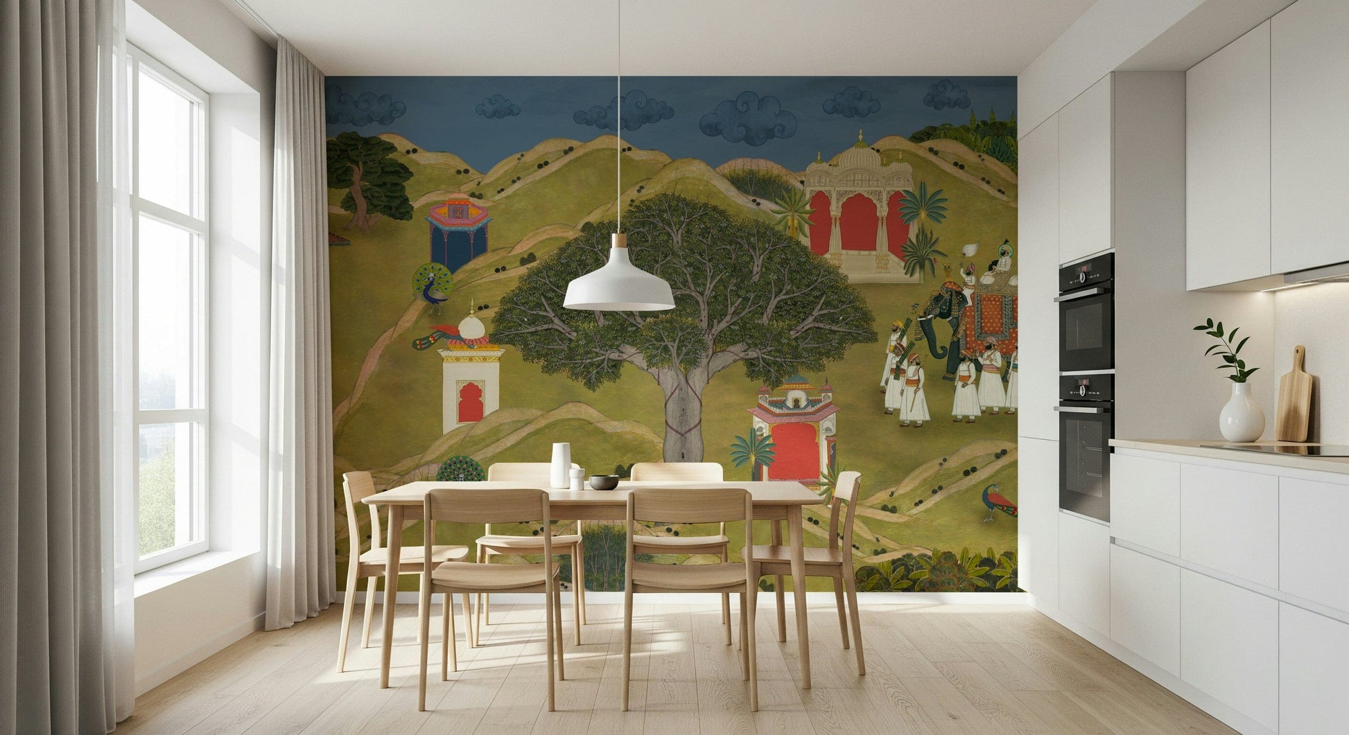 Detailed wall mural inspired by Rajasthani miniature paintings