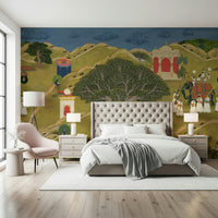 Classical Indian mural artwork depicting palace life and nature