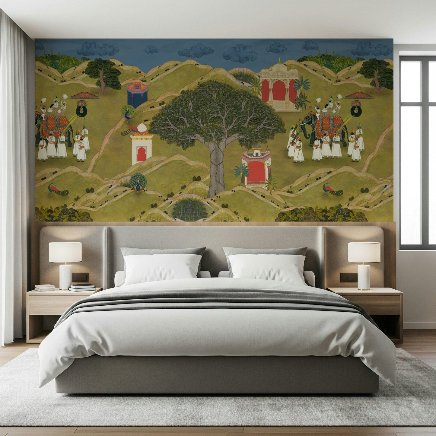 Aravali-inspired wall mural featuring miniature art storytelling