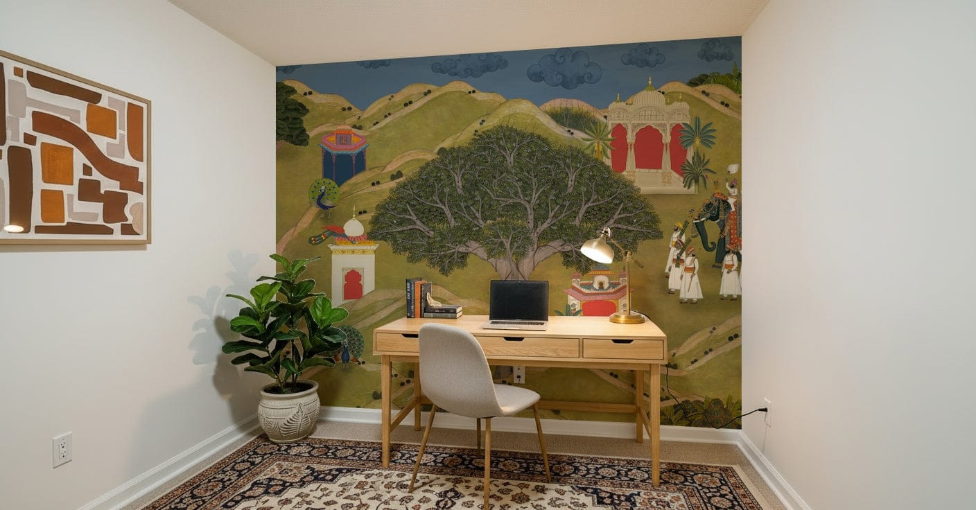 Indian miniature art mural showing elephants, courtiers, and palace architecture