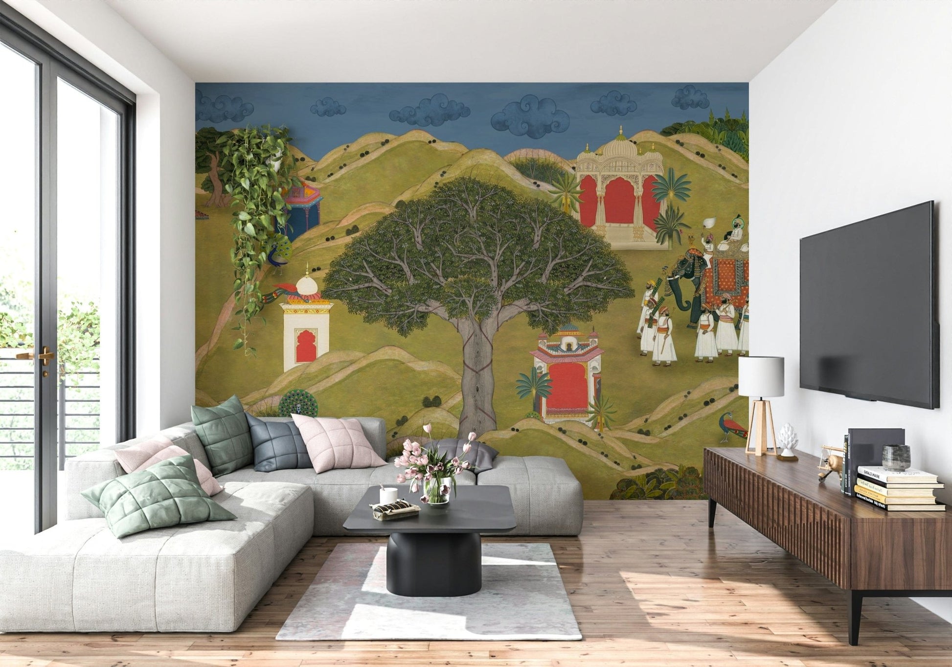 Traditional Rajasthani landscape mural with trees, hills, and ceremonial scene