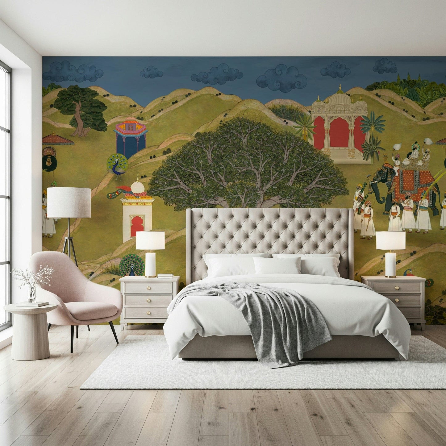 Classical Indian mural artwork depicting palace life and nature