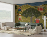 Cultural wall mural showing elephants, temples, and hill landscape