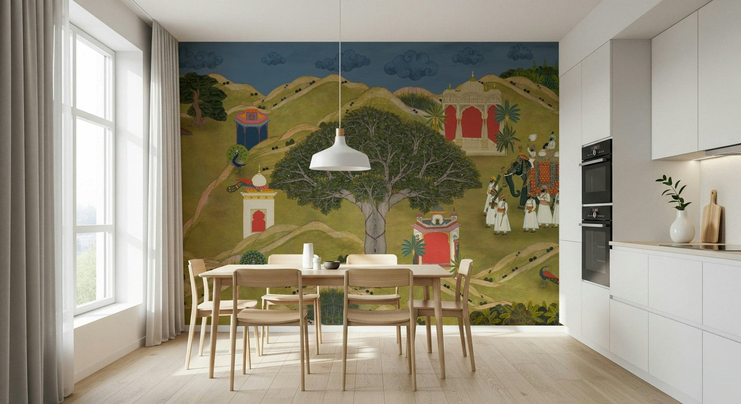 Detailed wall mural inspired by Rajasthani miniature paintings