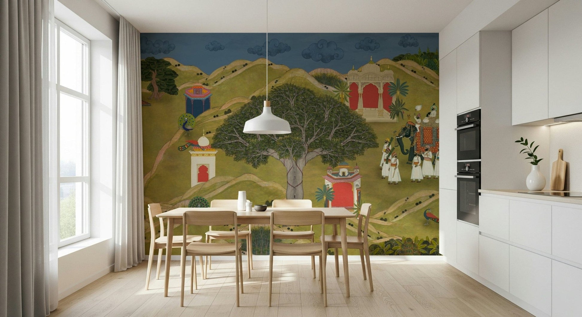 Detailed wall mural inspired by Rajasthani miniature paintings