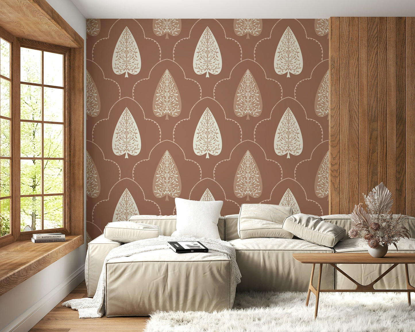 Leafy Arboreal wallpaper, charming repeat pattern, decorative scalloping.