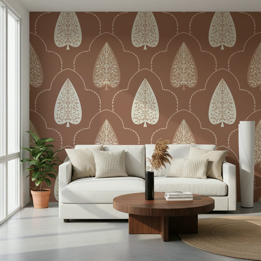 Accent Pattern mural, artistic botanical motif, soft brown background.