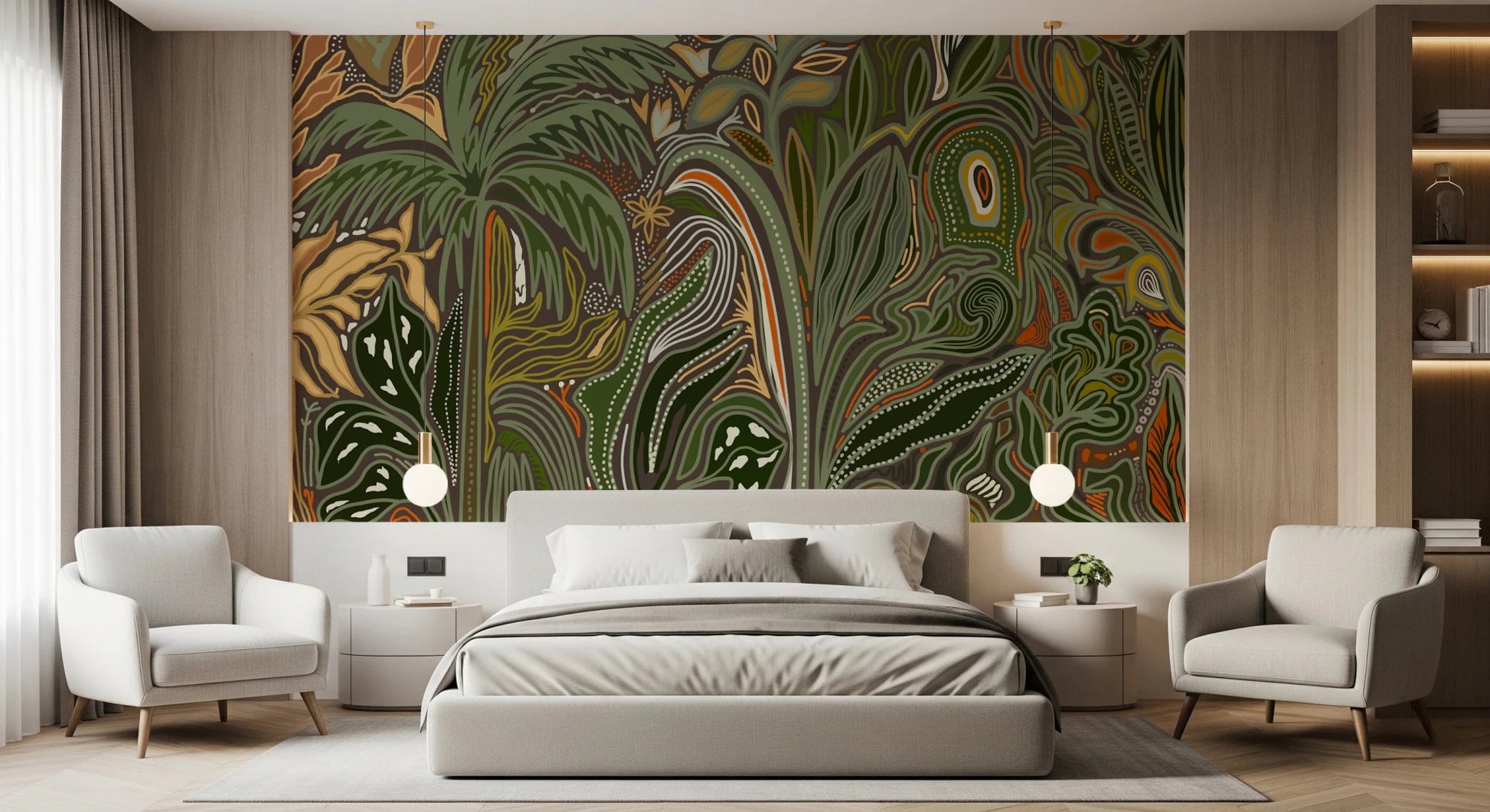 Hand-drawn style Arboreal Reverie jungle palm grove wall mural design for bedroom