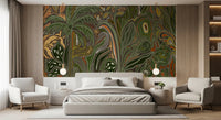 Hand-drawn style Arboreal Reverie jungle palm grove wall mural design for bedroom