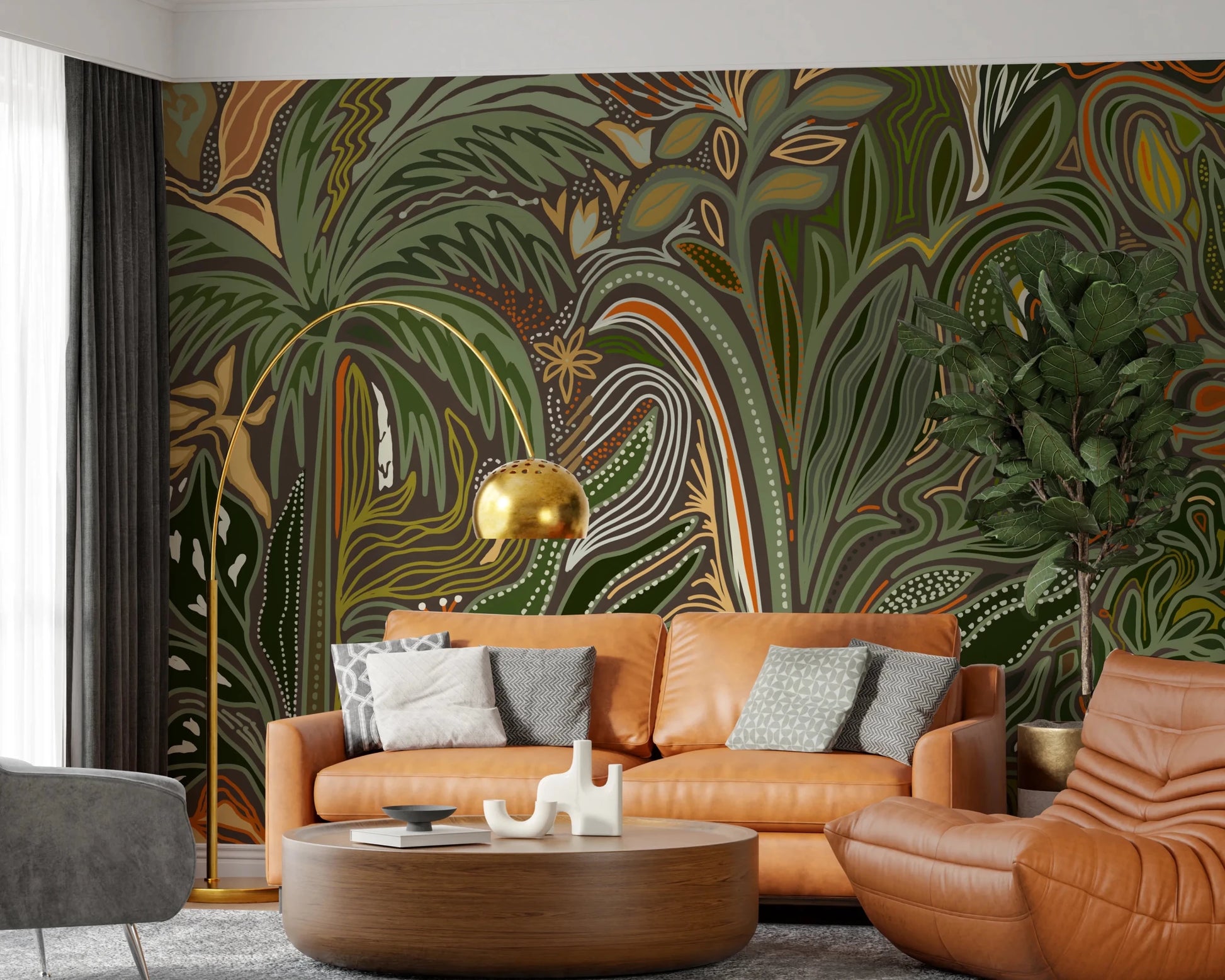 Earth-toned tropical botanical wall mural with intricate line work for office 