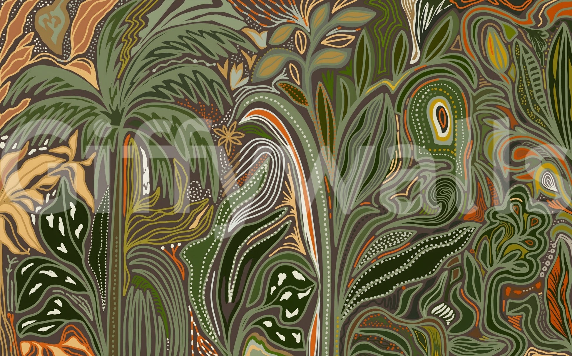 Botanical leaf pattern wall mural in a sophisticated olive and tan palette.