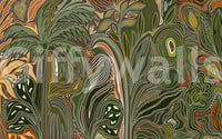 Botanical leaf pattern wall mural in a sophisticated olive and tan palette.