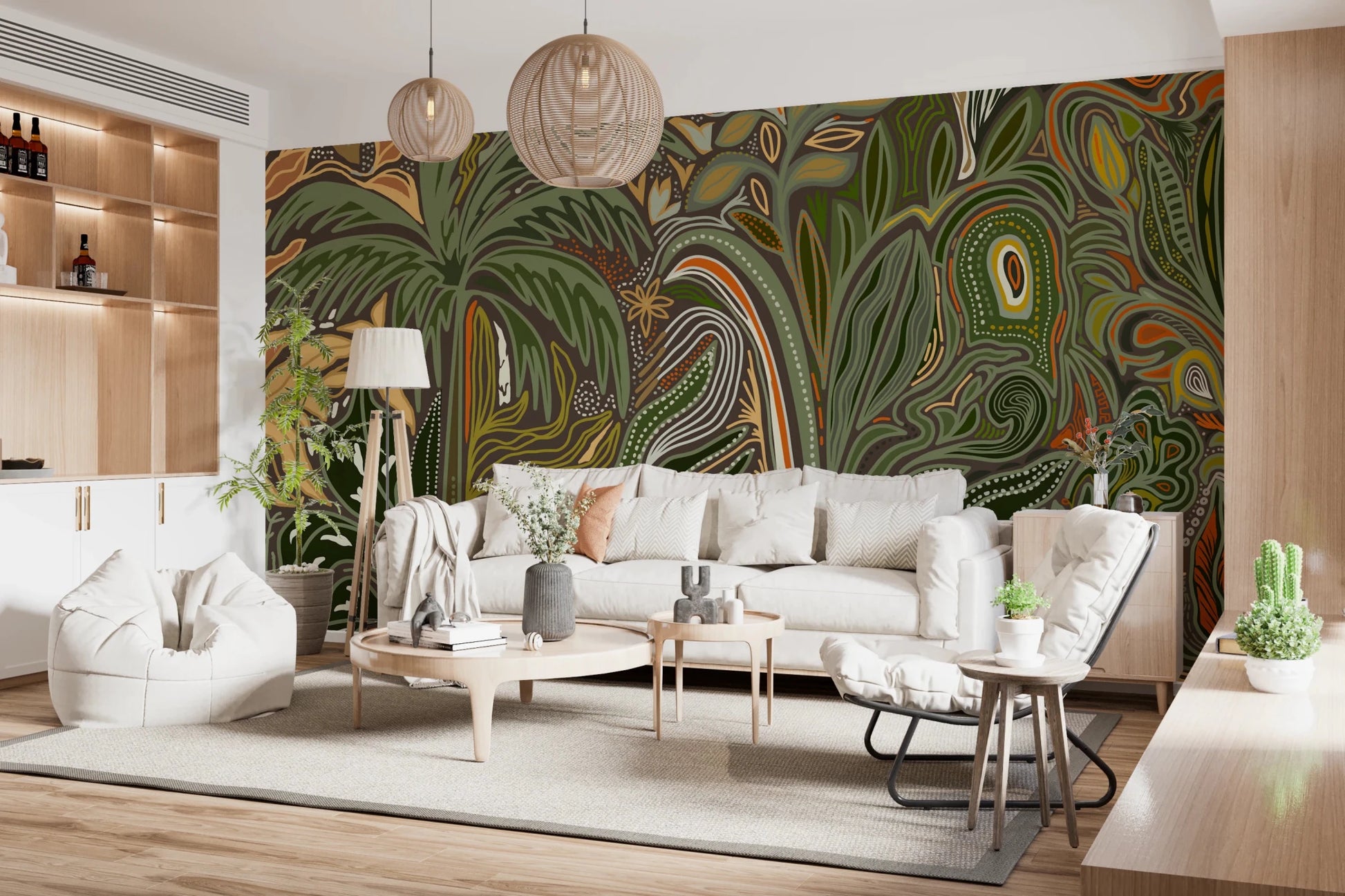 Detailed Arboreal Reverie jungle wall mural with palm fronds and fluid curves.