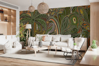 Detailed Arboreal Reverie jungle wall mural with palm fronds and fluid curves.