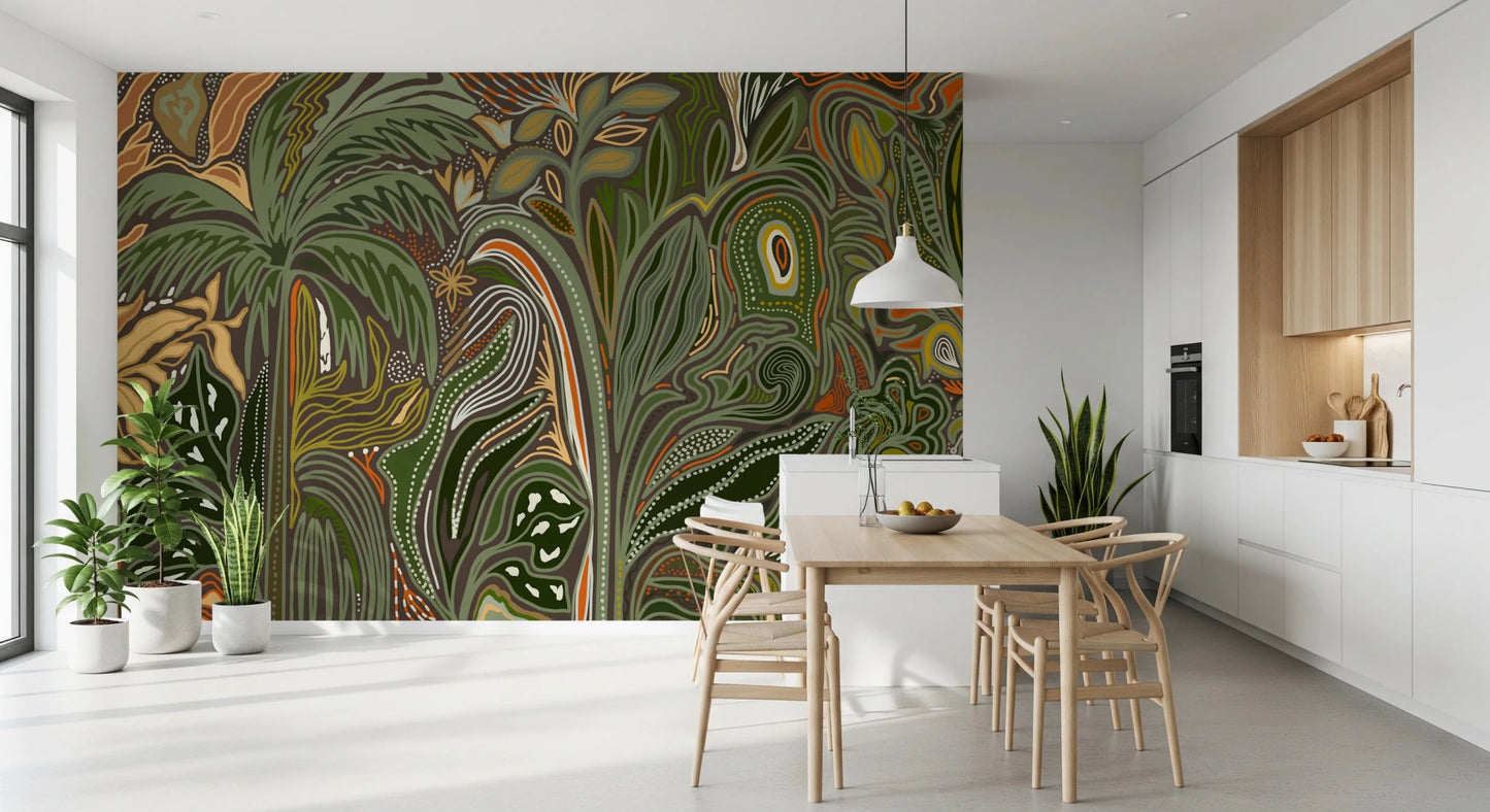 Earthy Arboreal Reverie jungle wall mural for dining room with subtle dotted accents.