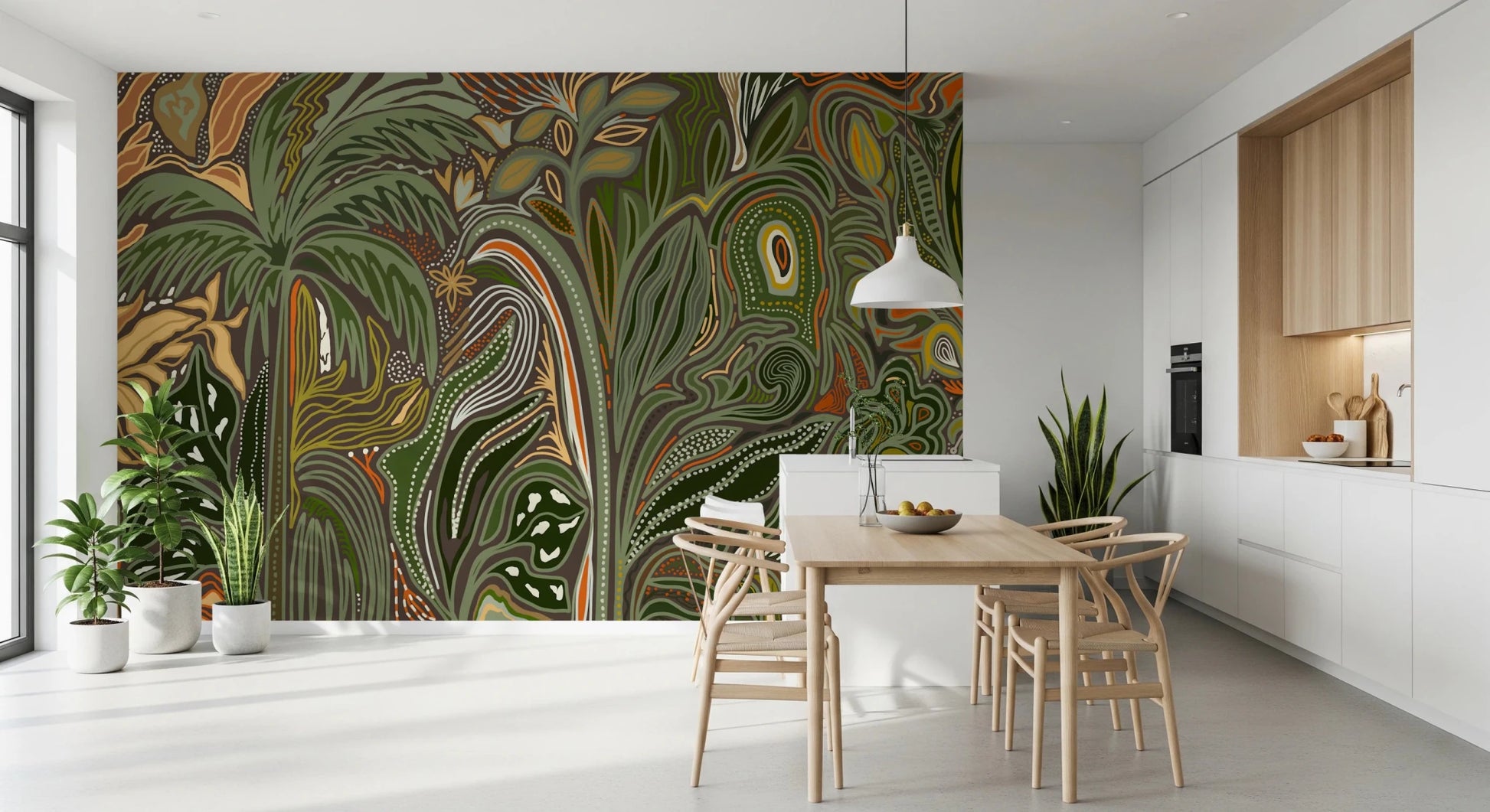 Earthy Arboreal Reverie jungle wall mural for dining room with subtle dotted accents.