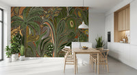 Earthy Arboreal Reverie jungle wall mural for dining room with subtle dotted accents.