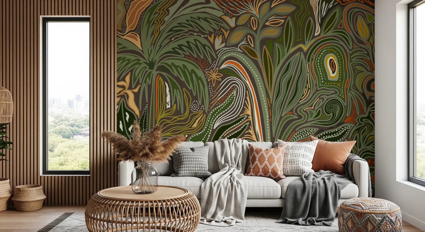 Modern abstract tropical wall mural showcasing organic botanical shapes.