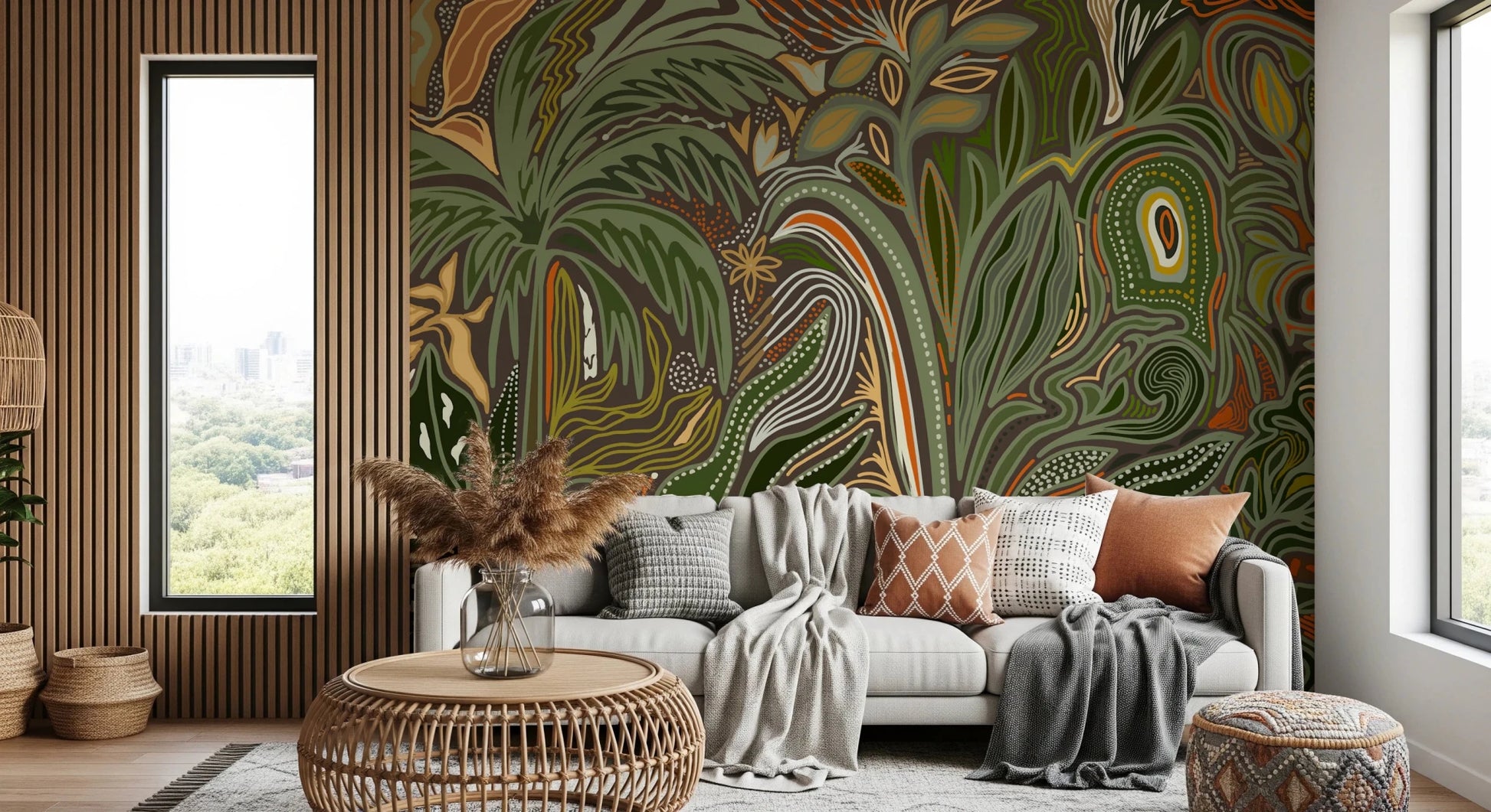 Modern abstract tropical wall mural showcasing organic botanical shapes.