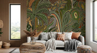 Modern abstract tropical wall mural showcasing organic botanical shapes.