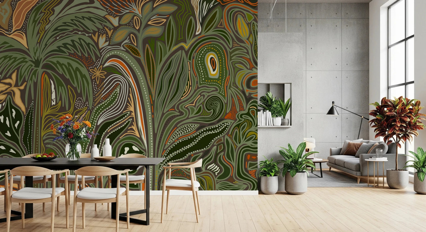 Lush green Arboreal Reverie jungle wall mural with repeating palm leaves.