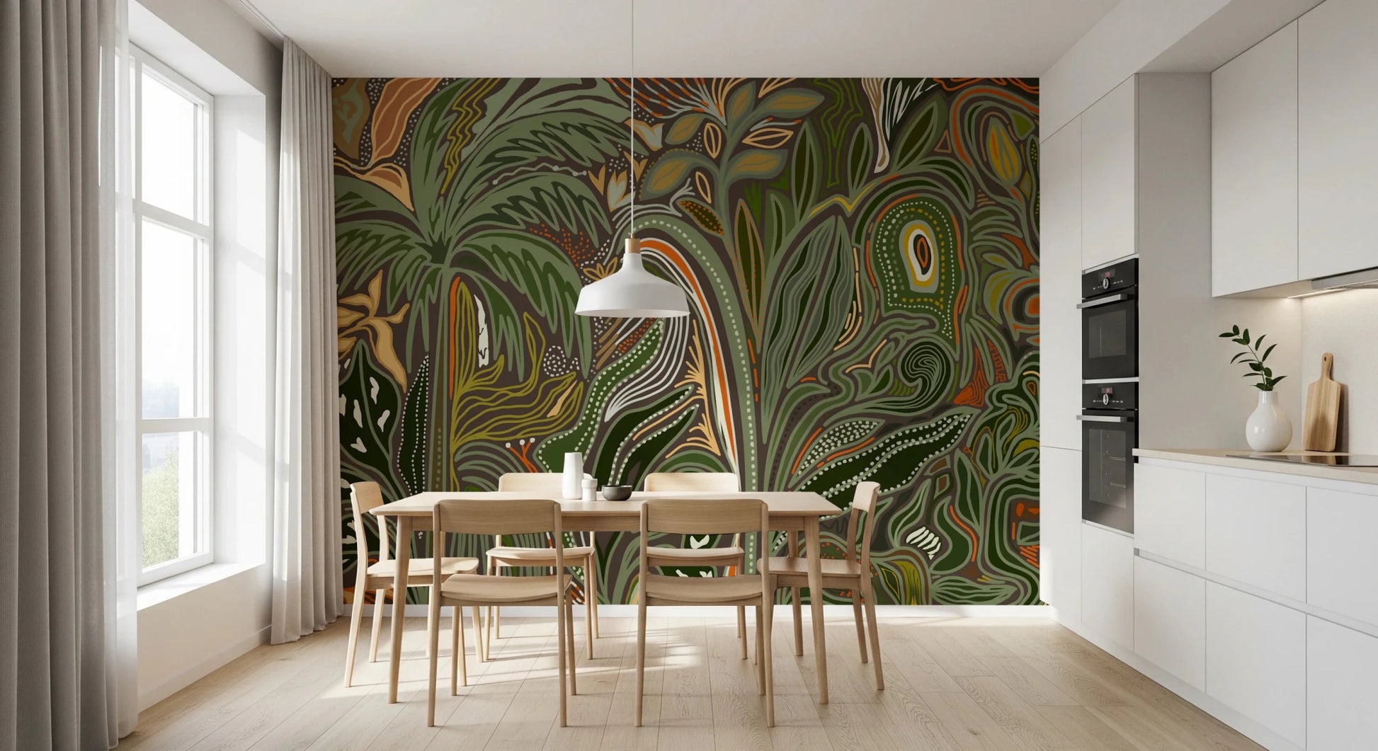 Dining area Olive, tan, and dark green tropical abstract wall mural with flowing motifs.