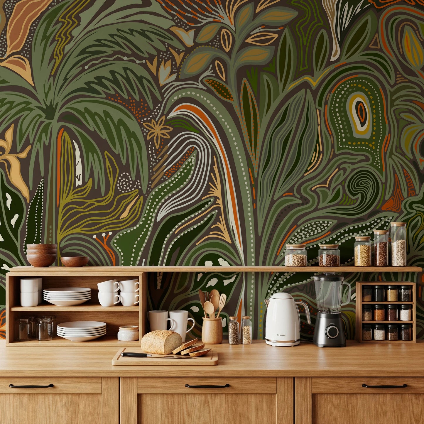 Abstract tropical leaf pattern wall mural featuring organic lines and dots.