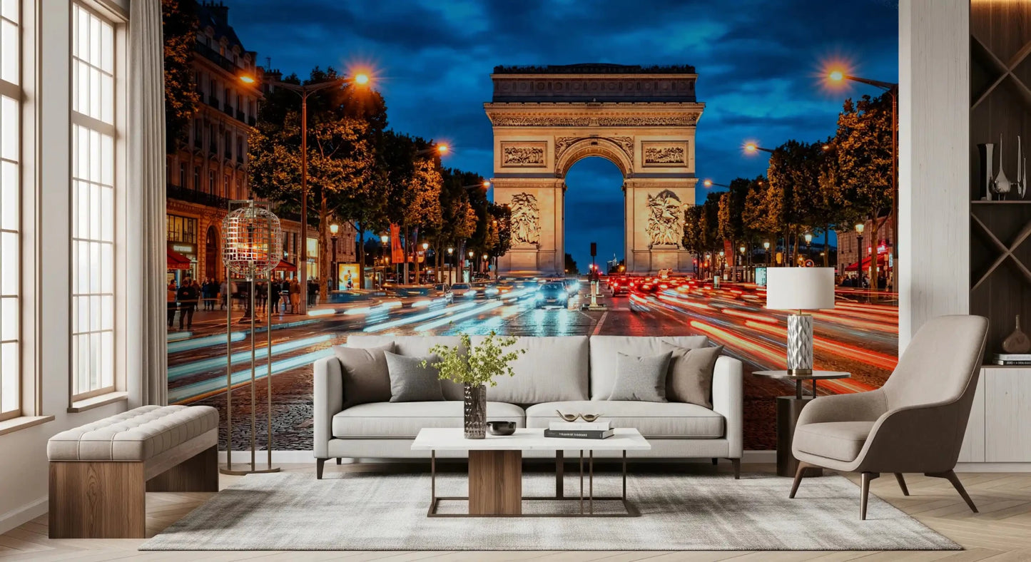 Paris wall mural in a living room with Arc de Triomphe and evening traffic