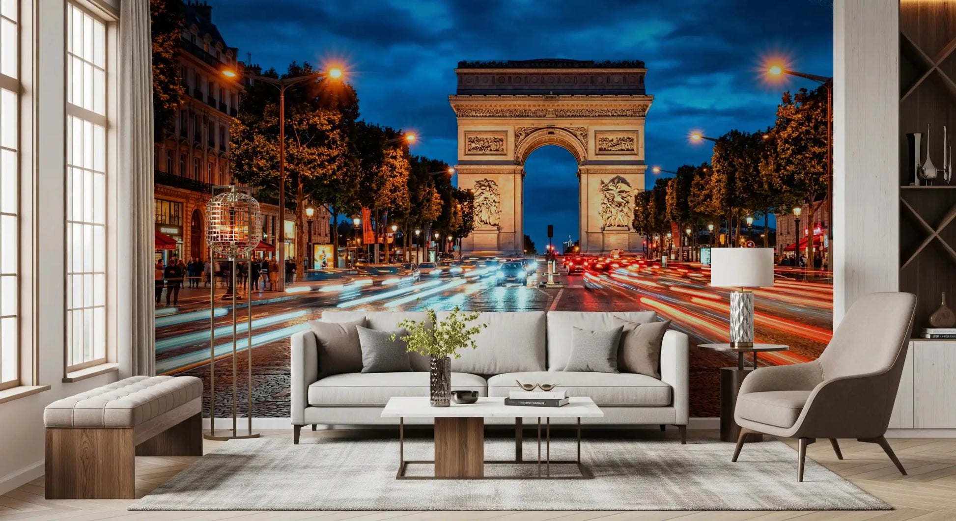 Paris wall mural in a living room with Arc de Triomphe and evening traffic