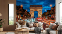 Arc de Triomphe wall mural in a hallway with glowing traffic trails