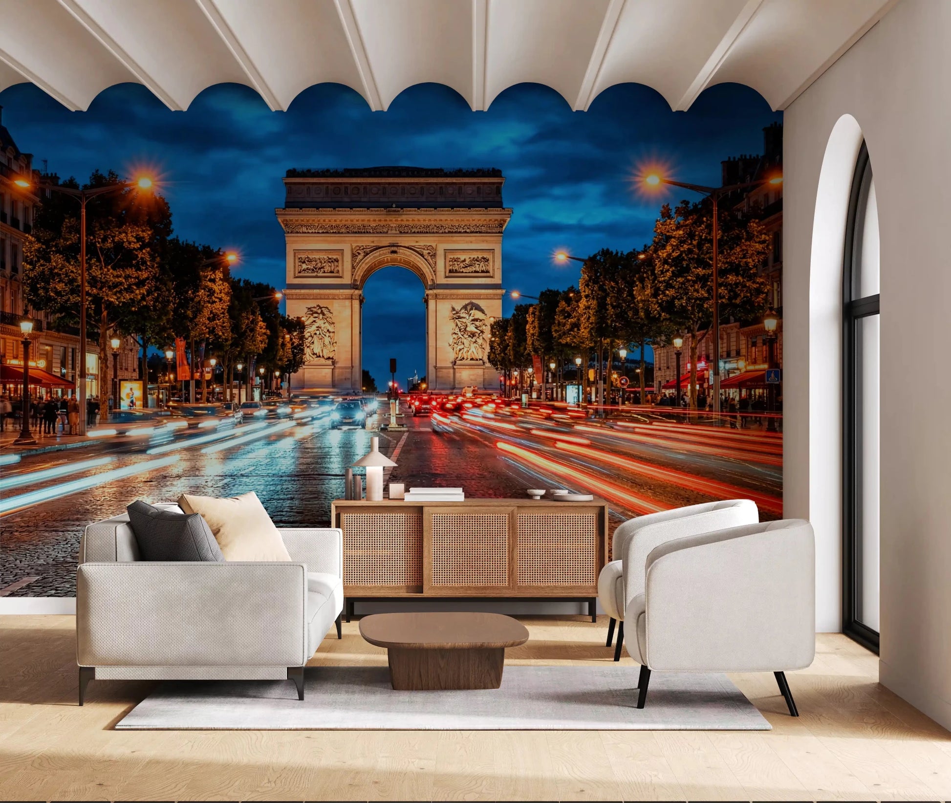 Paris city wall mural for a study room with evening skyline and lights